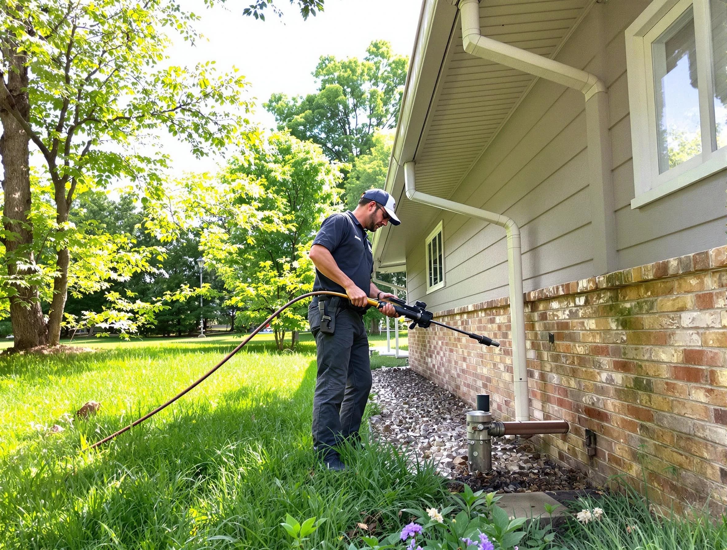 Rocky River Roofing Company removing debris from a downspout in Rocky River, OH