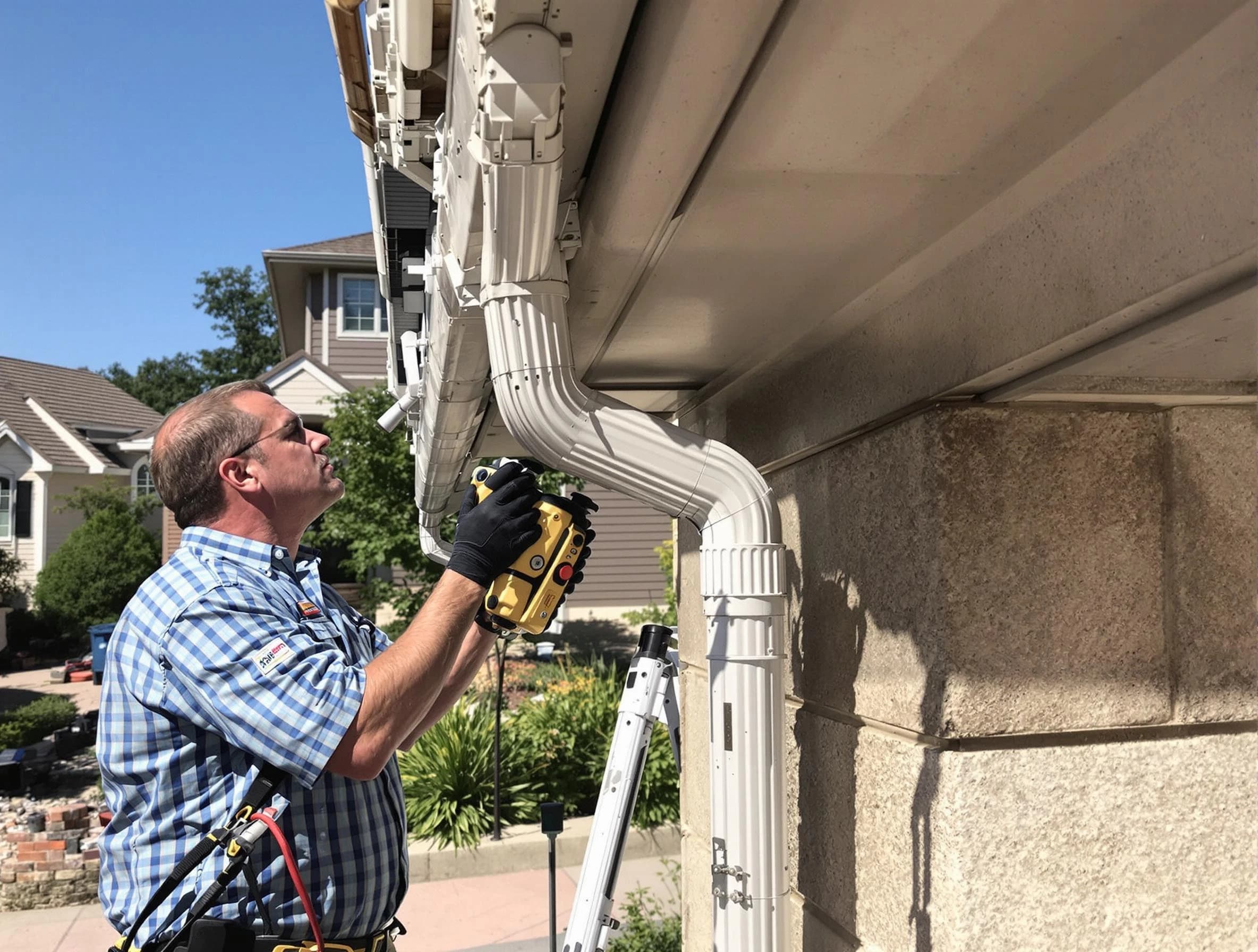 Close-up of a restored downspout system by Rocky River Roofing Company in Rocky River, OH