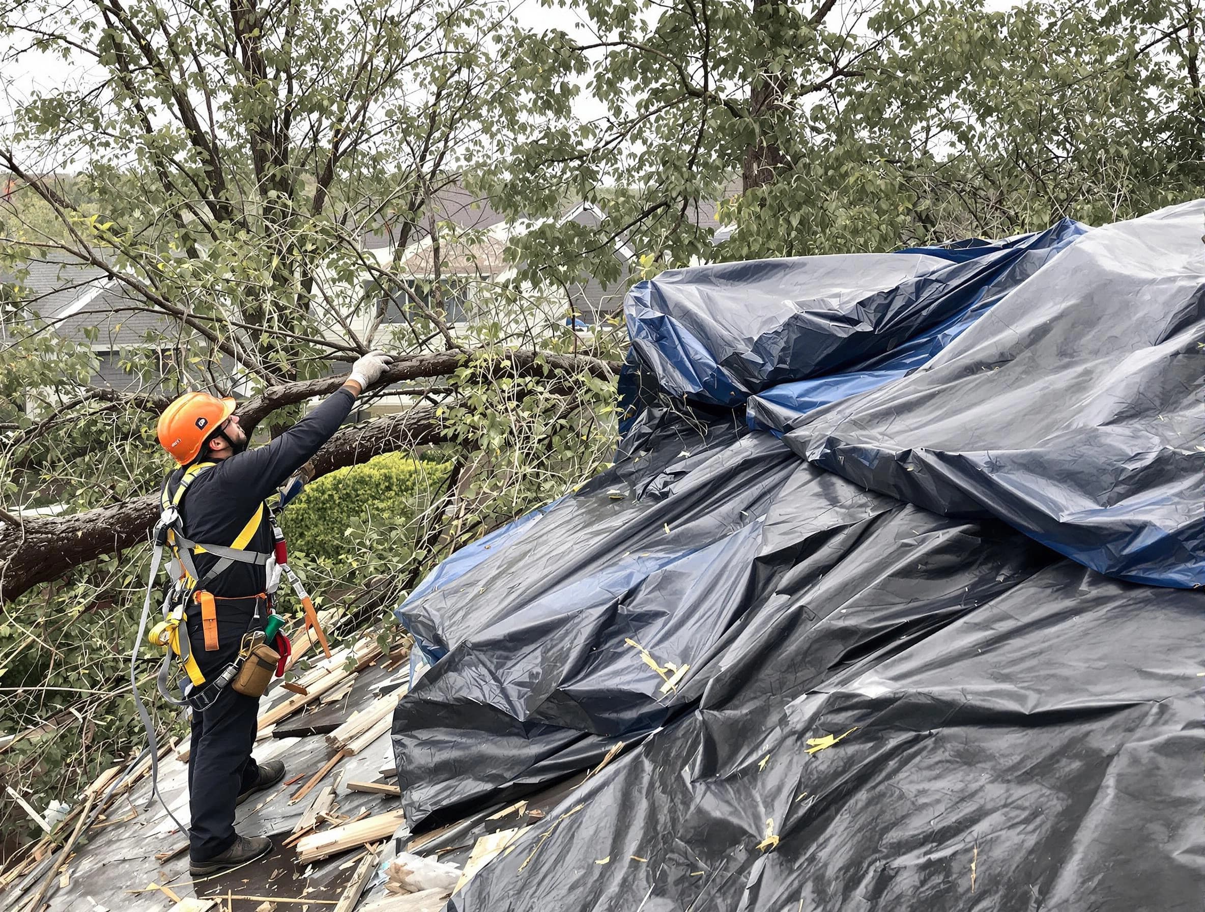 A tarped roof after storm damage repaired by Rocky River Roofing Company in Rocky River, OH