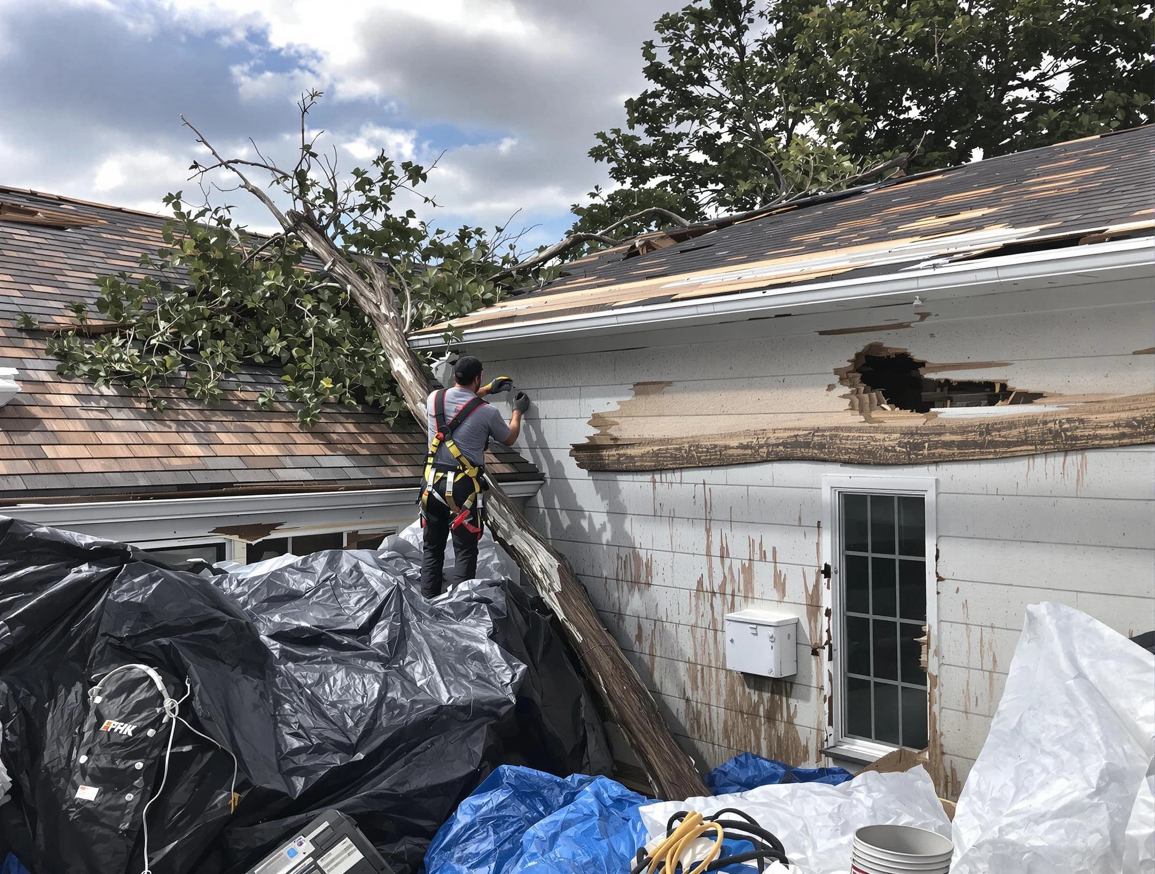 Rocky River Roofing Company technicians handling urgent roof damage in Rocky River, OH