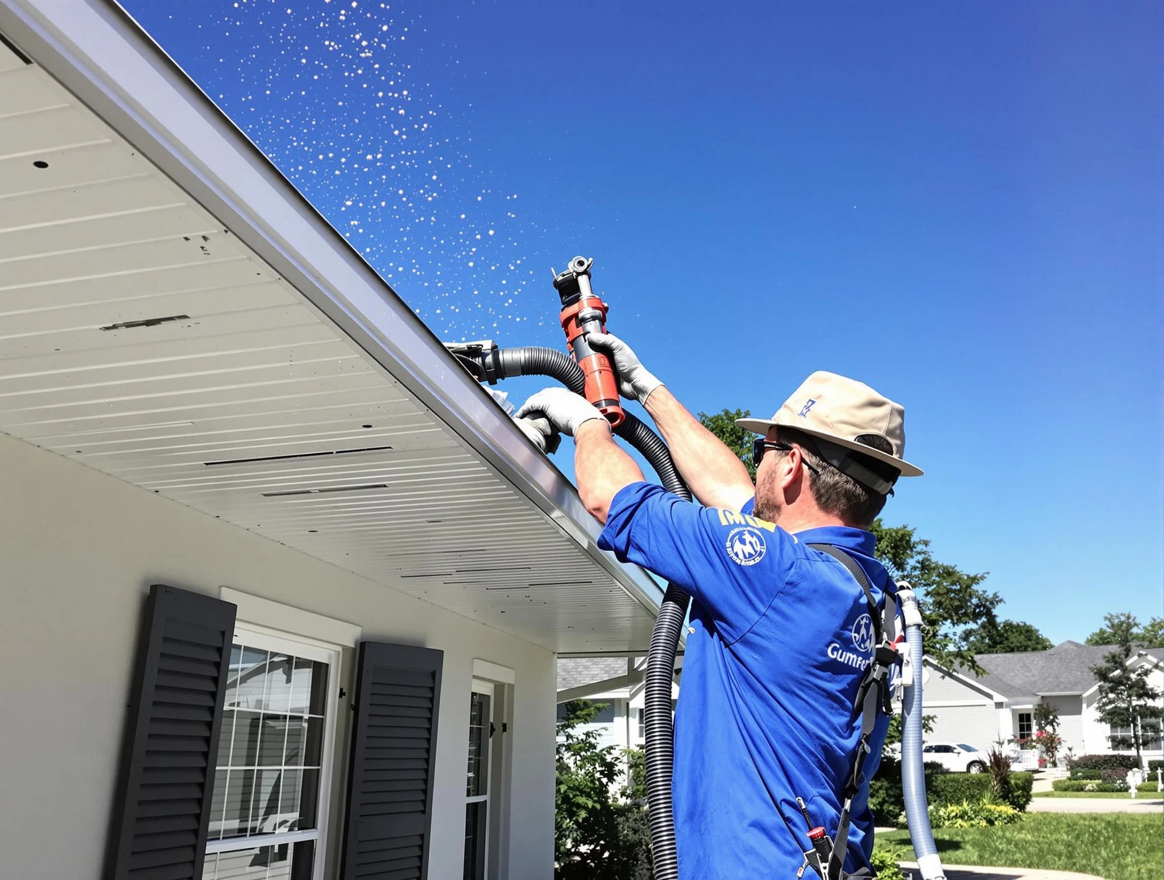 Technician completing a gutter cleaning project by Rocky River Roofing Company in Rocky River, OH