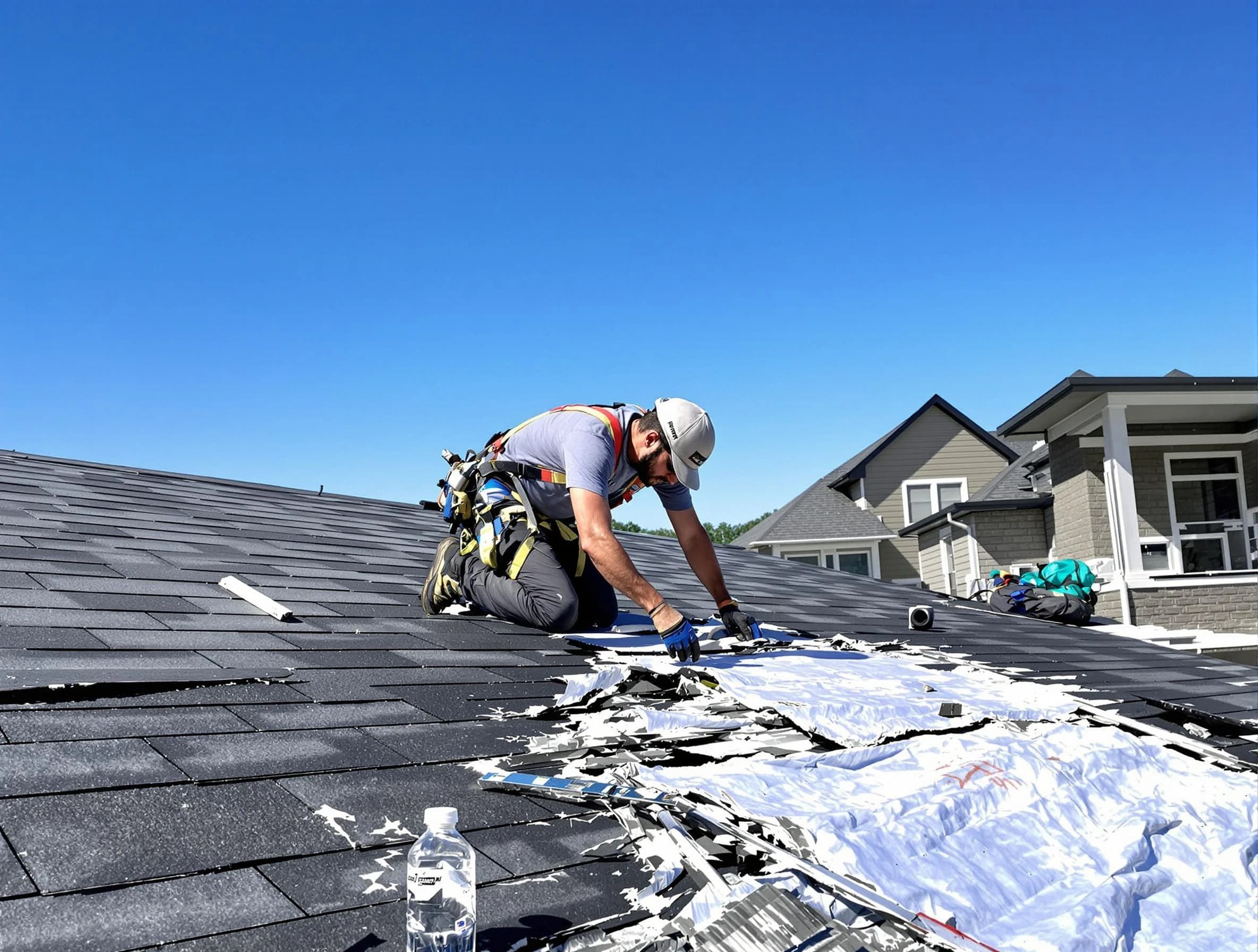 Rocky River Roofing Company repairing a roof section in Rocky River, OH