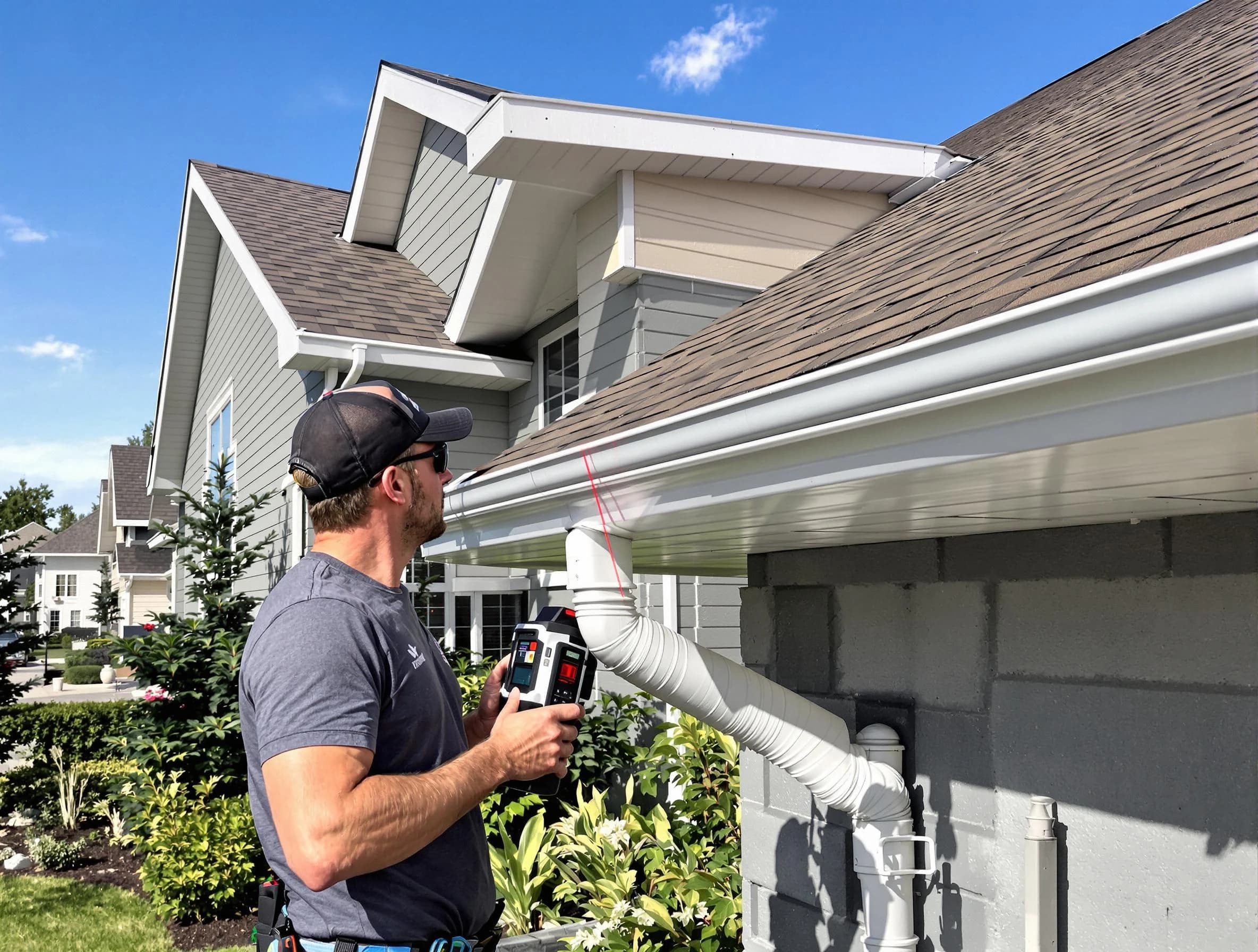 Rocky River Roofing Company installing seamless gutters in Rocky River, OH