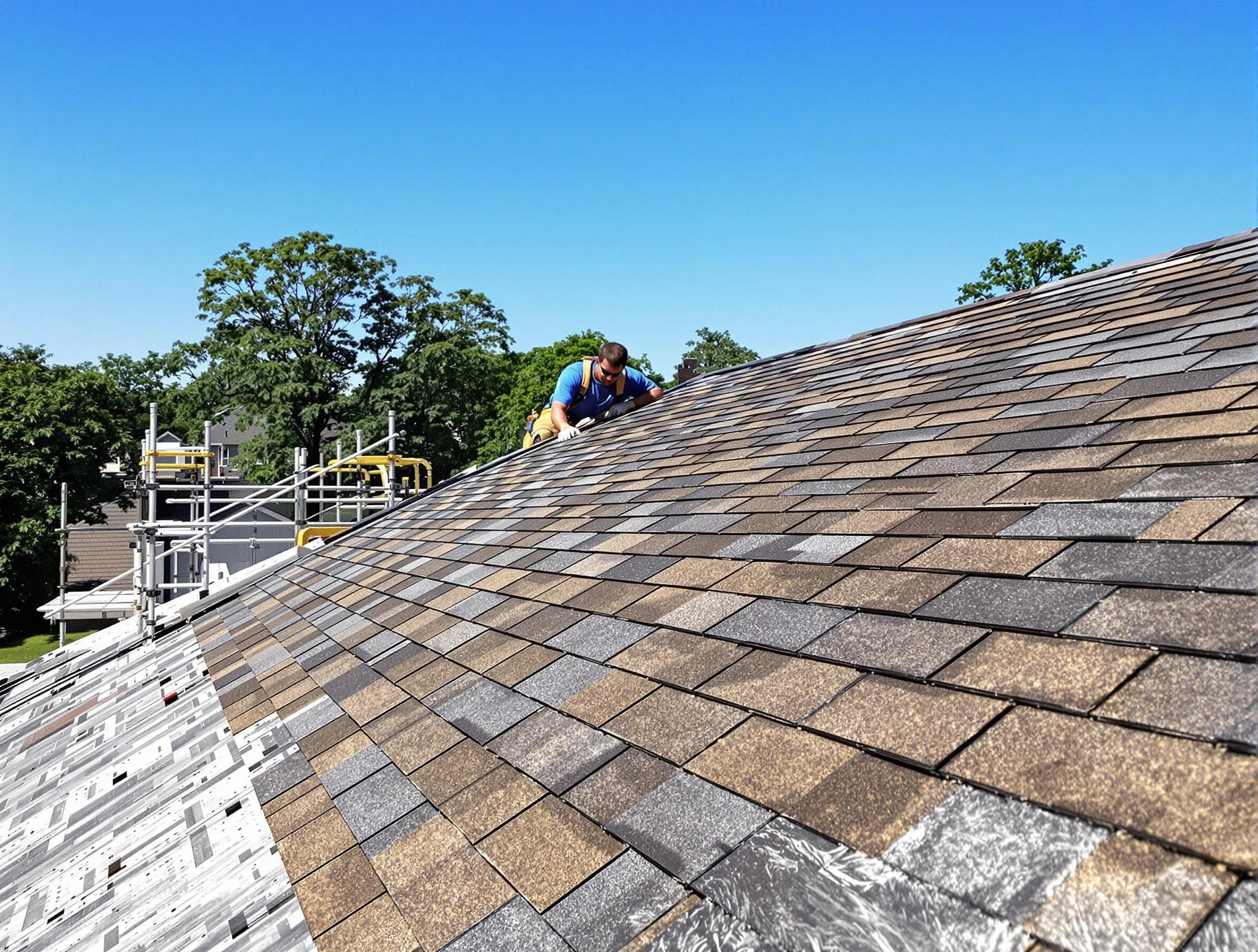 Close-up of new shingles installed by Rocky River Roofing Company in Rocky River, OH